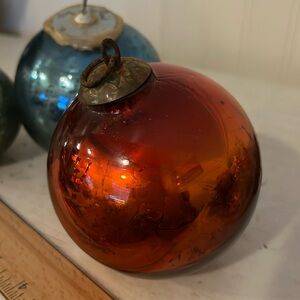 2 Antique orange & blue foil kugel blown glass ornaments 4”